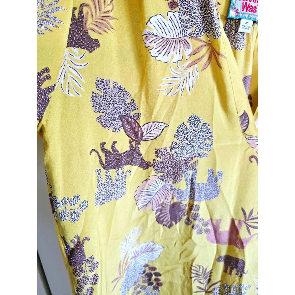 Johnny Was XS Yellow Taly Astrid Jungle Silk Safari Animal Print Tunic Blouse